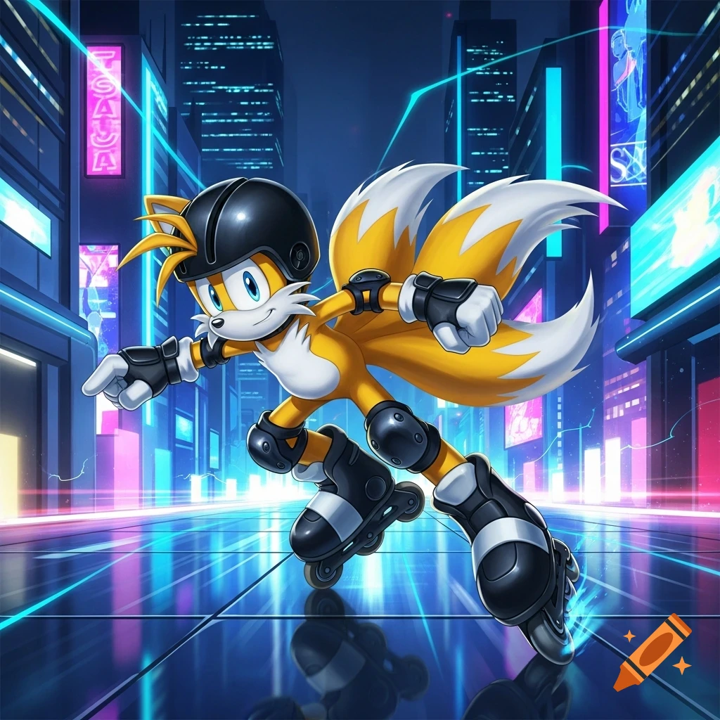 Tails from Sonic the Hedgehog rollerblades in a futuristic neon city, wearing a black helmet and pads.