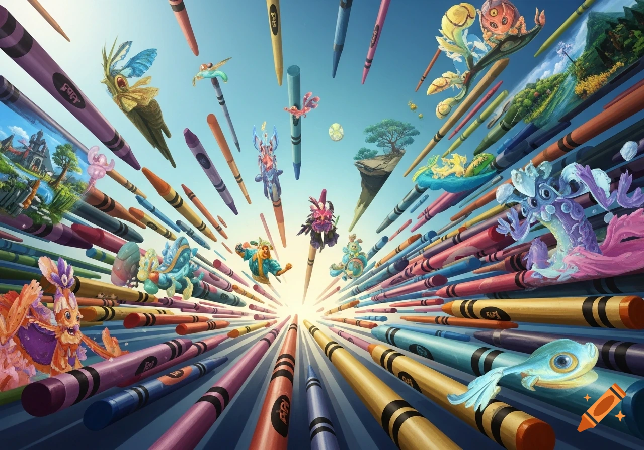 Many colorful crayons with fantastic creatures and floating landscapes zoom into a bright light in a vibrant, surreal style.