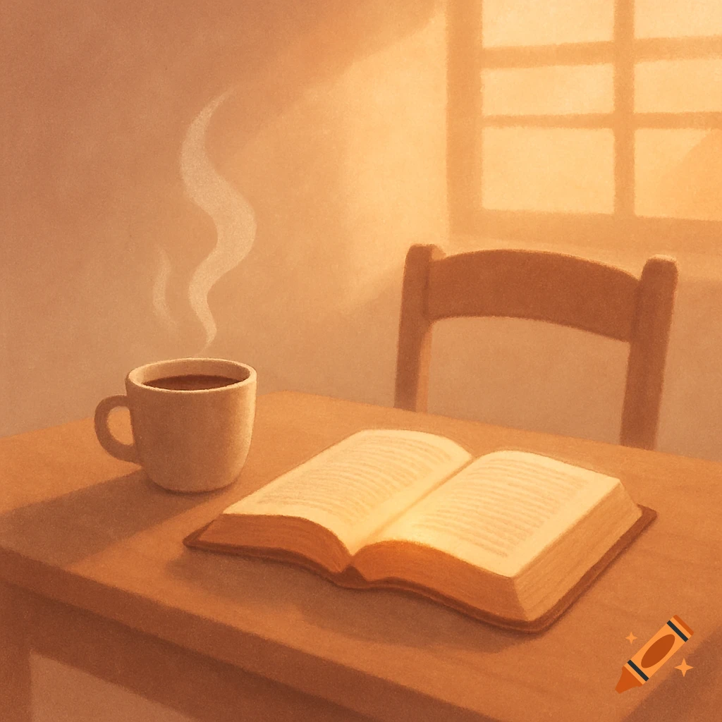 A warm, cozy illustration of a steamy coffee cup and an open book on a wooden table, bathed in soft golden light from a window.