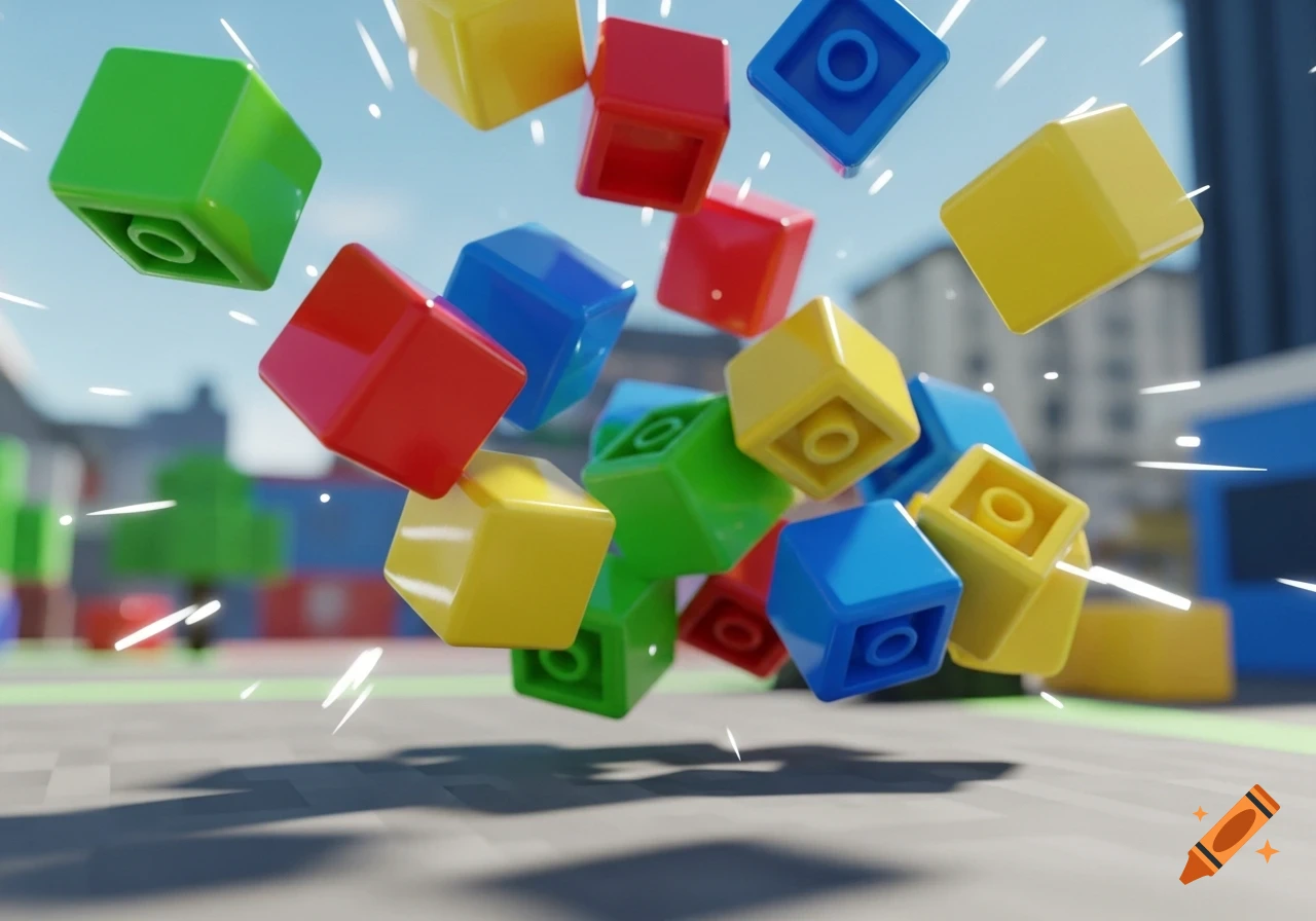 Colorful 3D rendered toy blocks, resembling building bricks, falling in mid-air against a blurred blocky background.