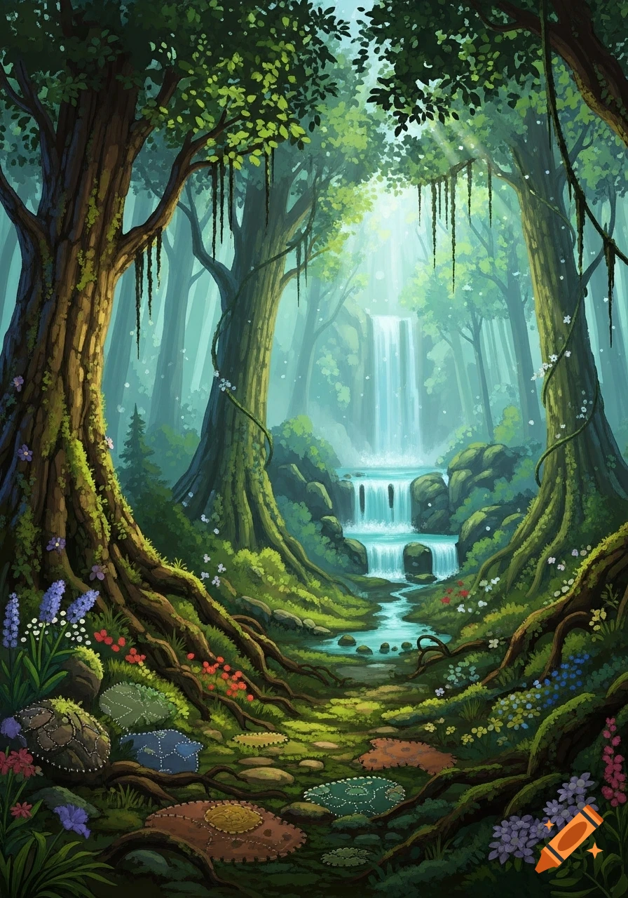 Vibrant, stylized fantasy forest with a tiered waterfall, winding stream, and tall trees, bathed in glowing light.