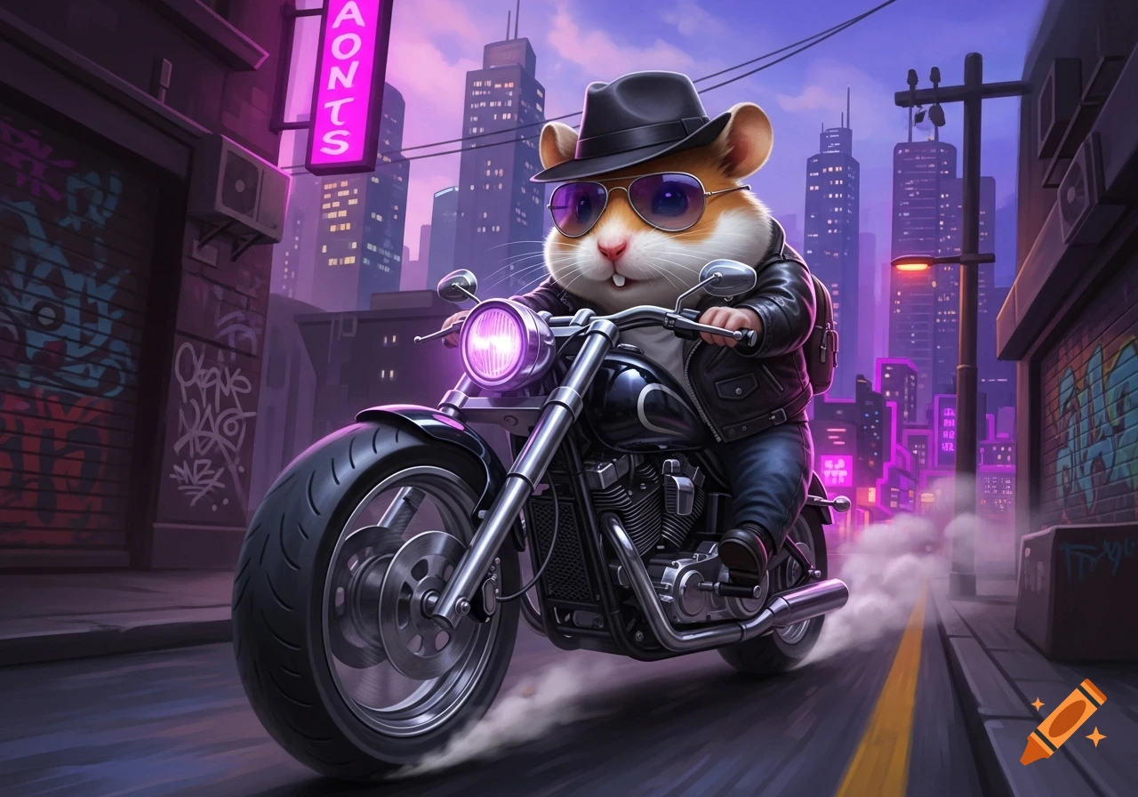 A cartoon hamster wearing a fedora and sunglasses rides a motorcycle through a neon-lit city street at night.
