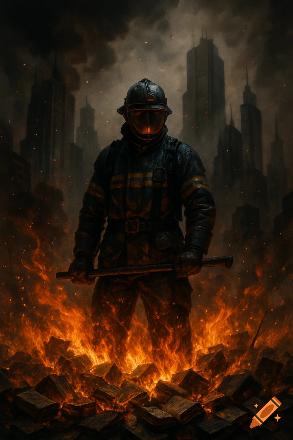 A grim firefighter in a dark suit and helmet stands in a fiery, smoke-filled cityscape, holding a tool.