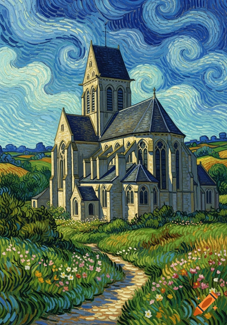 A Van Gogh-style painting of a church in a vibrant field with a swirling blue sky.