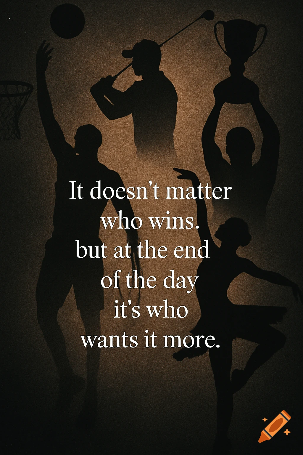 Silhouettes of a basketball player, golfer, dancer, and a trophy winner against a dark background, with a motivational quote.