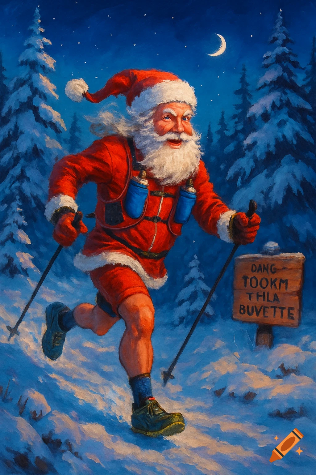 Santa Claus, wearing a hydration vest and shorts, trail running with poles in a snowy winter forest under a crescent moon at night, in a painterly style.