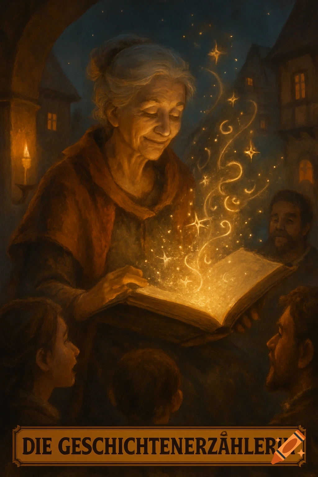 An old woman reads a glowing book, surrounded by villagers listening to stories, set against a dark, magical village night. Banner says 'The Storyteller'.