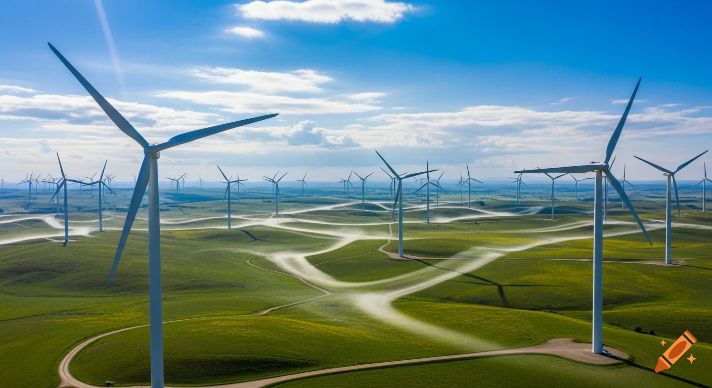 Aerial view of a vast wind farm with numerous turbines on rolling green hills, showing air turbulence under a blue sky.