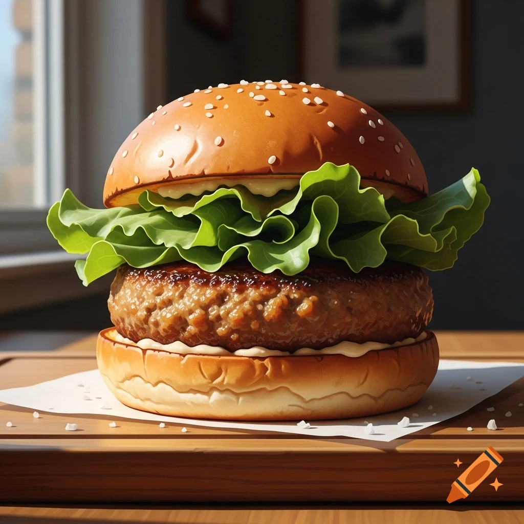 Photorealistic close-up of a burger with a sesame seed bun, fresh lettuce, and a thick patty, on a wooden table.