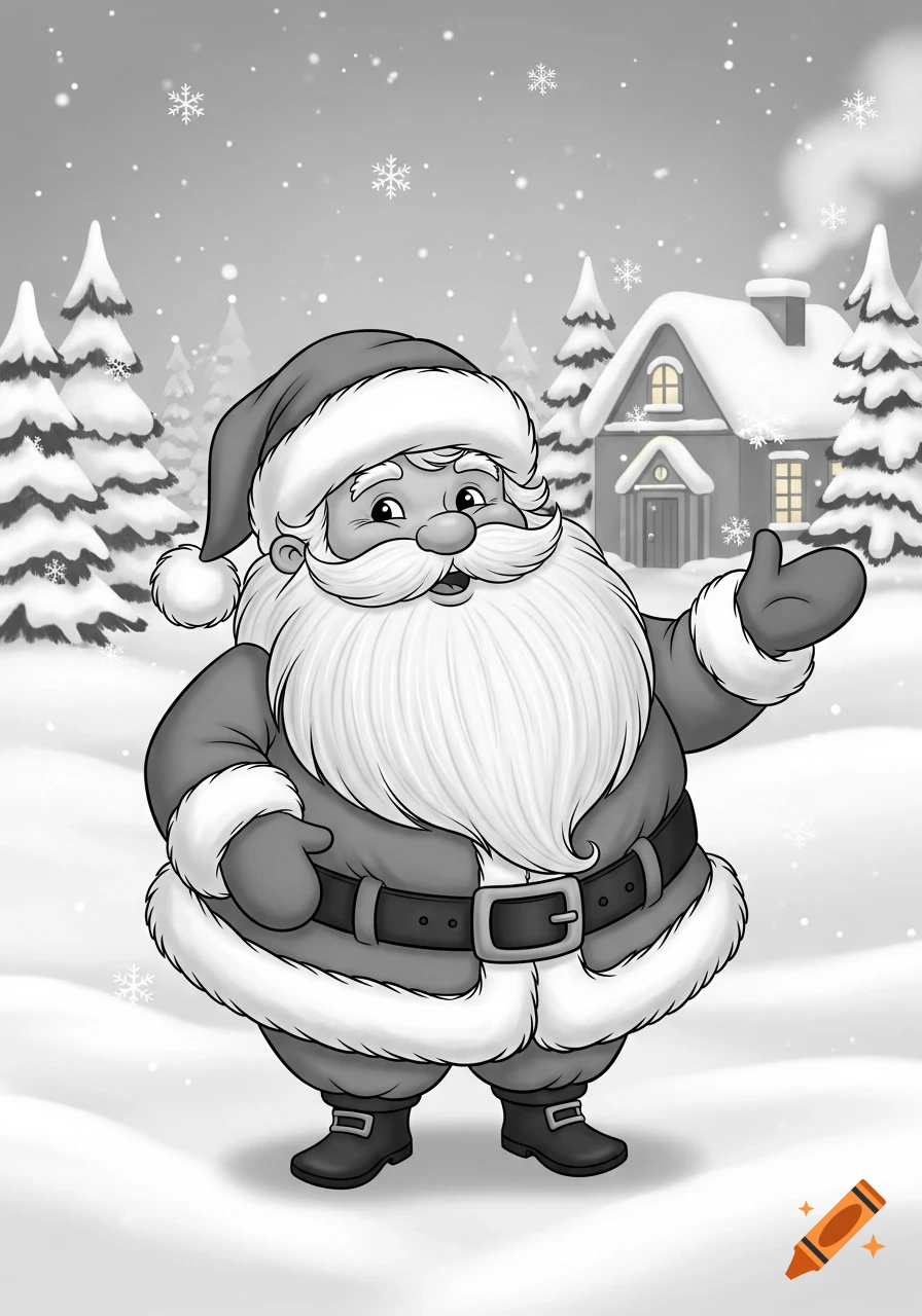 Grayscale cartoon illustration of Santa Claus waving in a snowy village scene with pine trees and a house.
