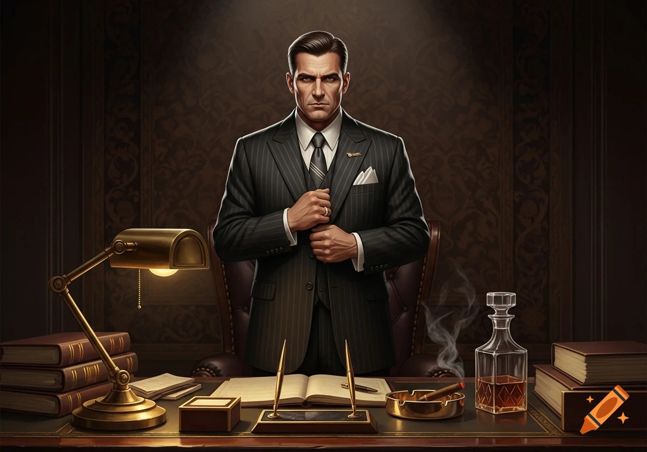 A stern man in a pinstripe suit sits at a dark wood desk with a cigar, whiskey decanter, and books.