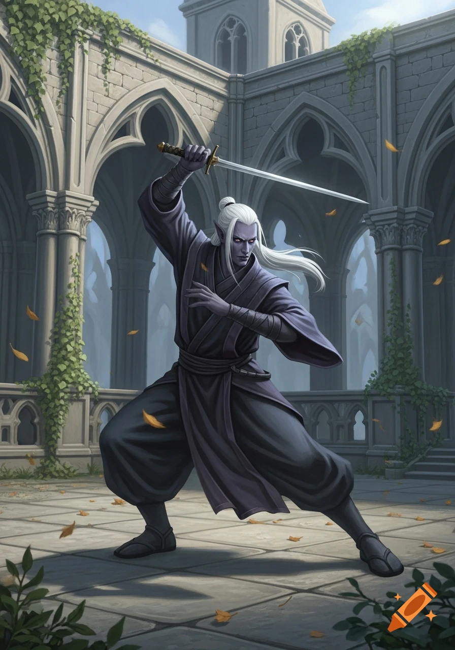 A Drow monk with white hair and red eyes practices with a short sword in a gothic stone monastery courtyard with ivy and fallen leaves.