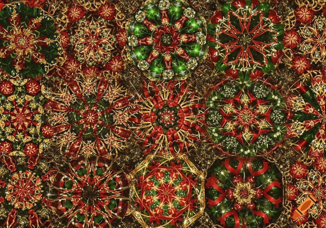 A vibrant Christmas-themed kaleidoscope pattern in red, green, and gold.