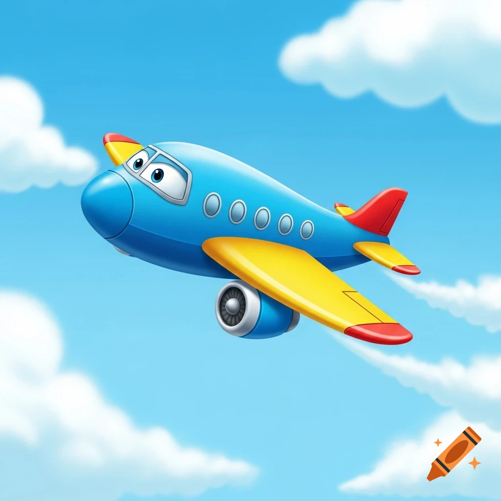 A blue and yellow cartoon airplane with eyes flies through a bright blue sky with white clouds.
