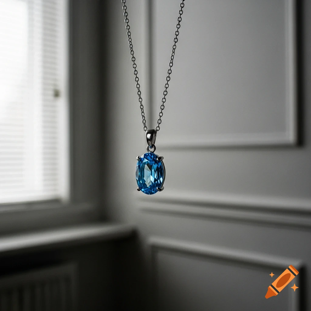 A silver chain necklace with an oval deep blue gemstone pendant, hanging in a dimly lit room with a blurred background.