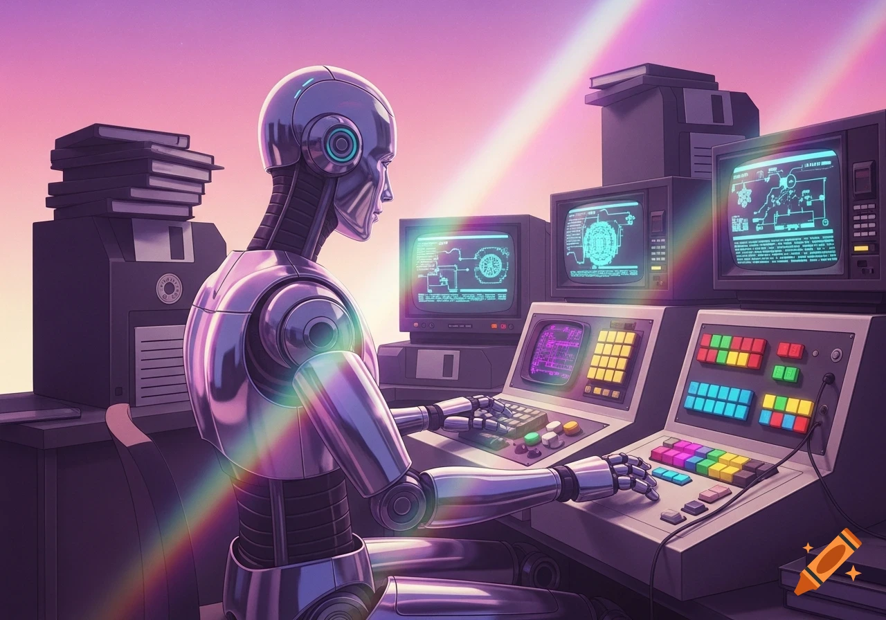 Chrome robot operates retro computer consoles with glowing screens and colorful buttons, bathed in rainbow light against a pink-purple sky in a synthwave style.