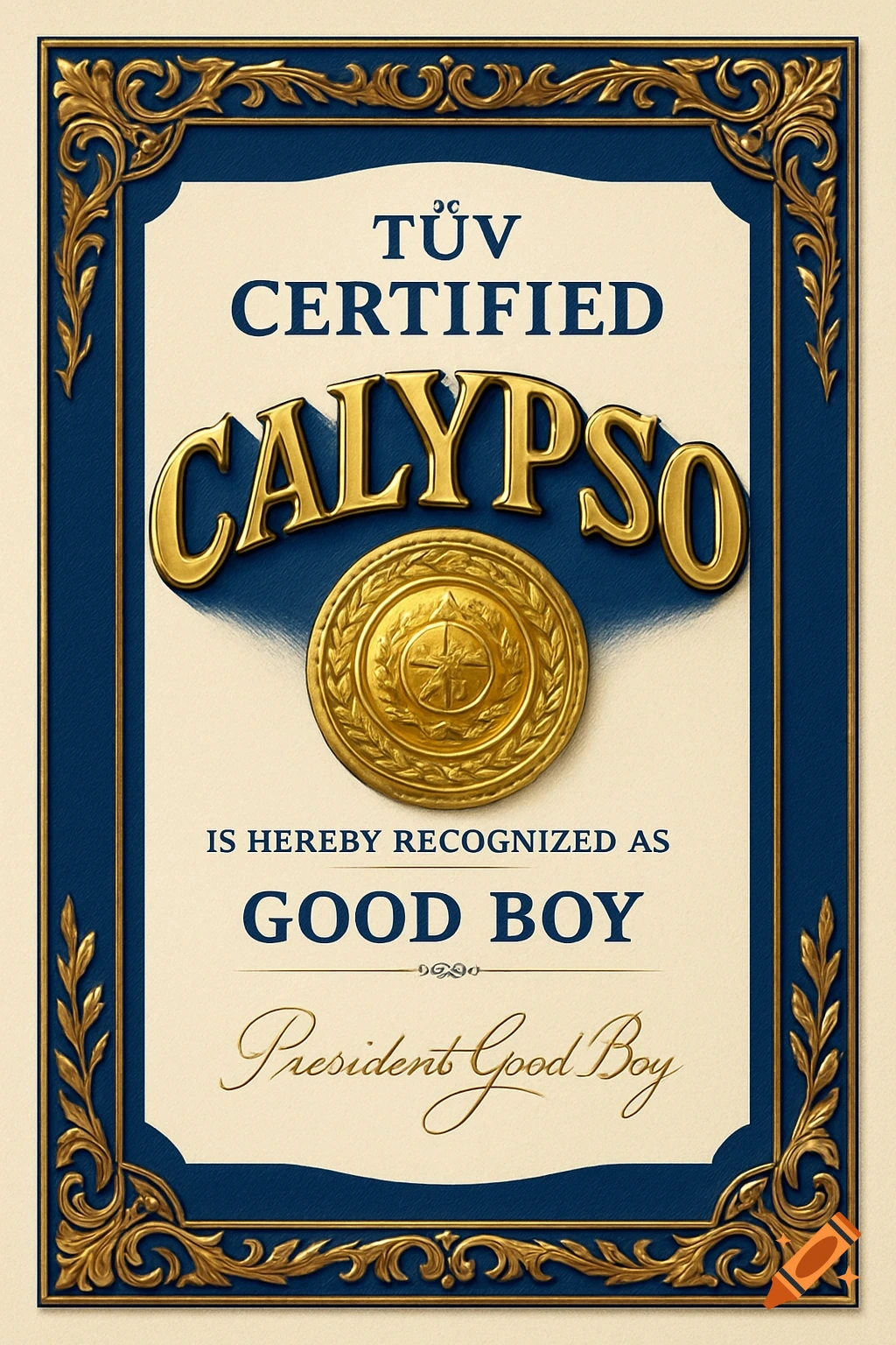 A formal certificate with a blue and gold ornate border, declaring "TÜV CERTIFIED CALYPSO IS HEREBY RECOGNIZED AS GOOD BOY", with a gold seal and a signature from "President Good Boy".