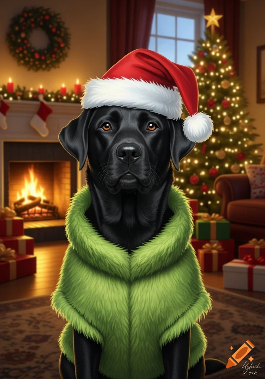Photorealistic black labrador in a Santa hat and green Grinch-like costume in a festive Christmas living room.