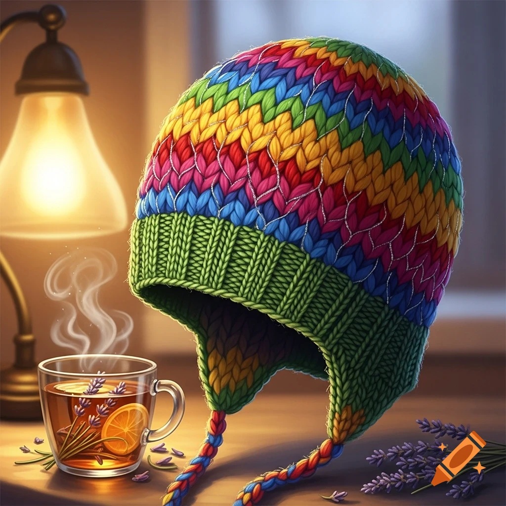 A vibrant, multicolored knitted beanie with ear flaps sits next to a steaming cup of tea with lemon and lavender, illuminated by a warm lamp.