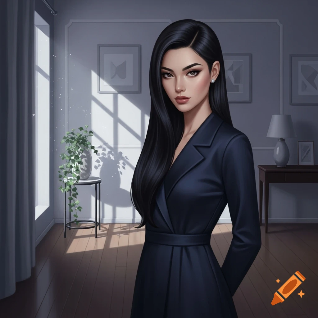 A woman with long black hair and a dark navy dress stands in a softly lit room with a plant.