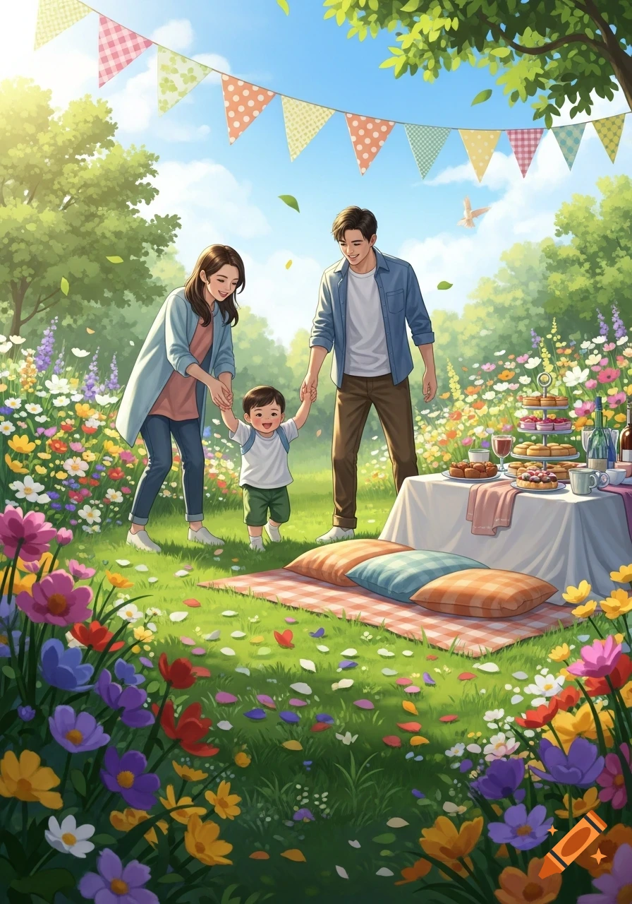 An illustrated family picnic scene with parents helping their toddler walk in a sunny, flower-filled garden under bunting.
