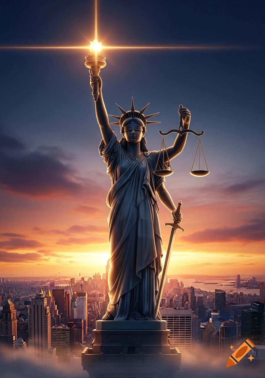 A majestic statue blending Lady Justice and Lady Liberty, holding a torch, scales, and a sword, overlooks a city at sunset.