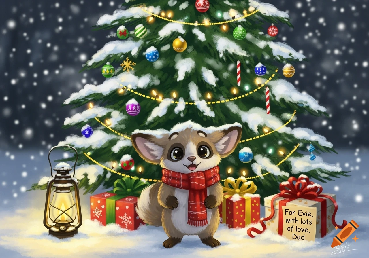 A cute, fennec fox-like creature in a red scarf stands in front of a snowy, decorated Christmas tree with presents and a lantern.