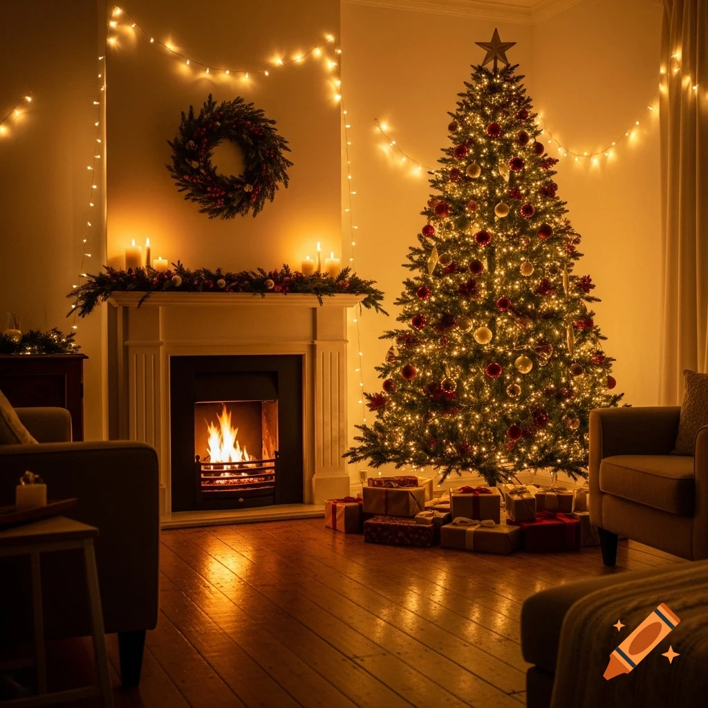 A cozy, warm living room with a decorated Christmas tree and a lit fireplace, adorned with festive lights and garlands.