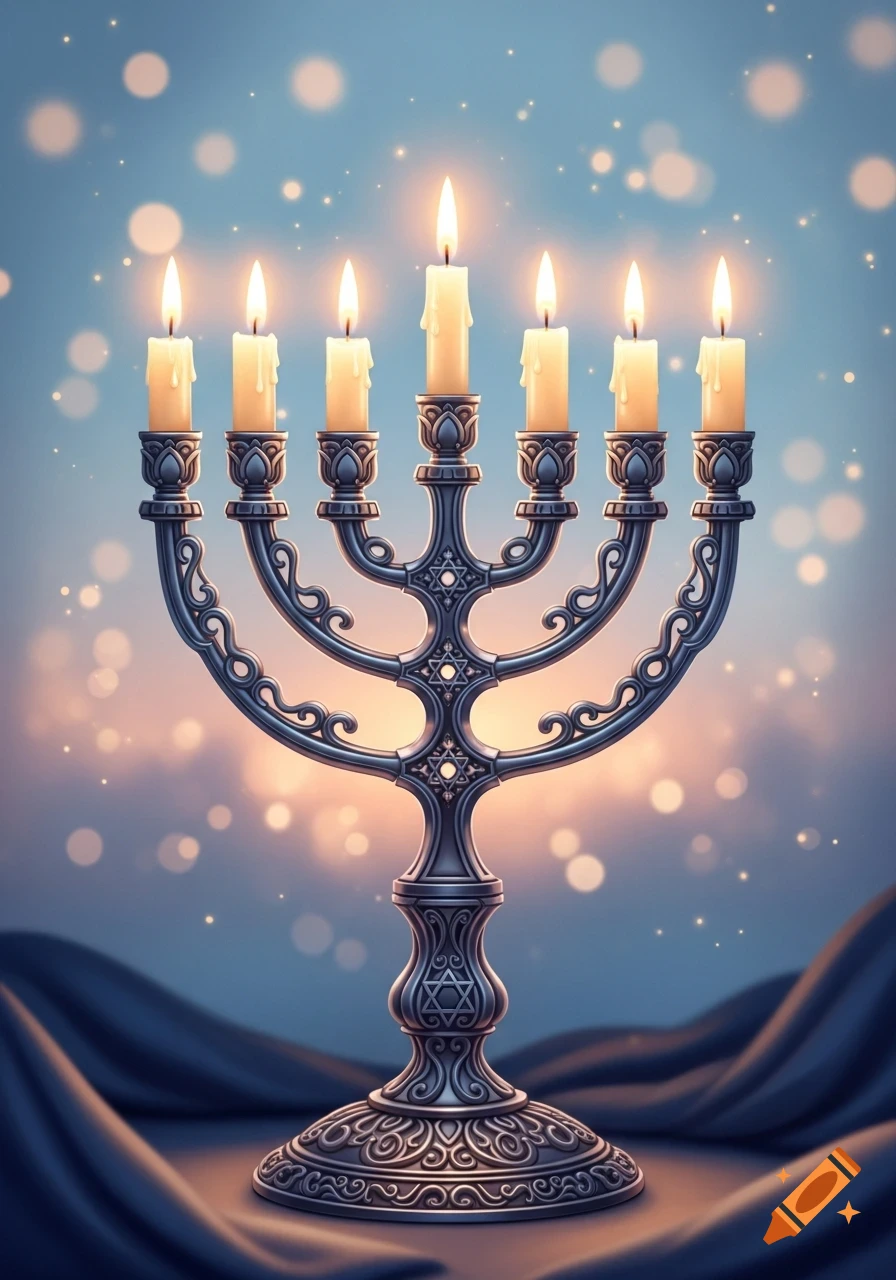 An elegant silver menorah with seven lit candles, against a soft blue background with bokeh lights.