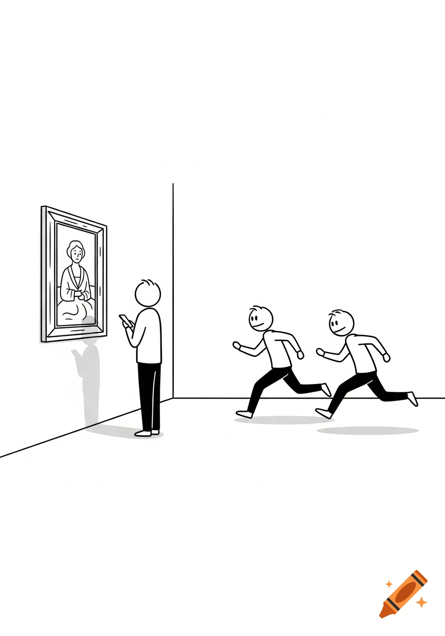 Two black and white stick figures run to the right while another stick figure stands and views a painting in a simple room.