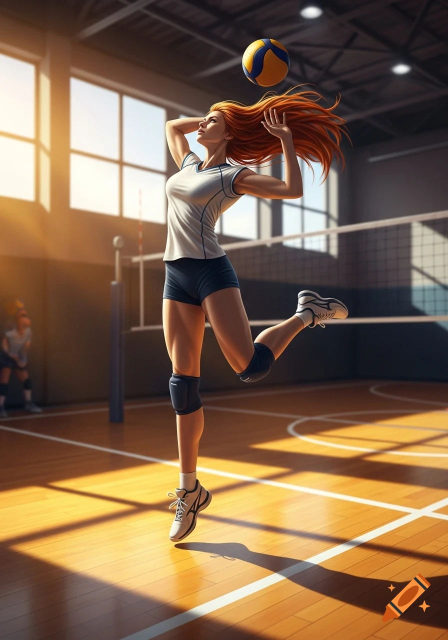 A female volleyball player with flowing red hair jumps to hit a volleyball on a sunlit indoor court.