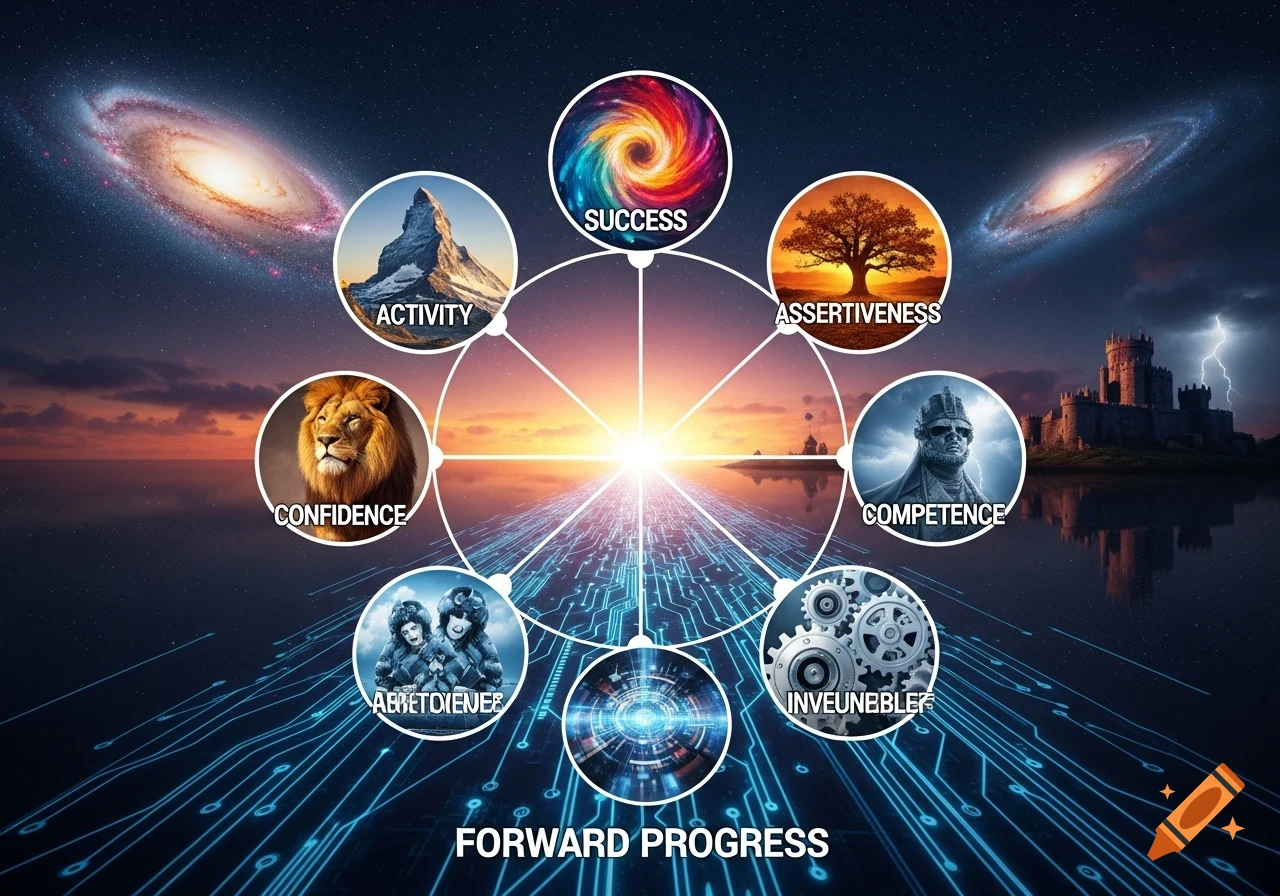 A conceptual diagram showing a central light path labeled "FORWARD PROGRESS" with seven circles around it, each representing a facet like "SUCCESS" with a colorful vortex, "ACTIVITY" with a mountain, "CONFIDENCE" with a lion, "ASSERTIVENESS" with a tree, and "COMPETENCE" with a warrior bust. Two circles have garbled text, and the background features galaxies and a digital circuit pattern.