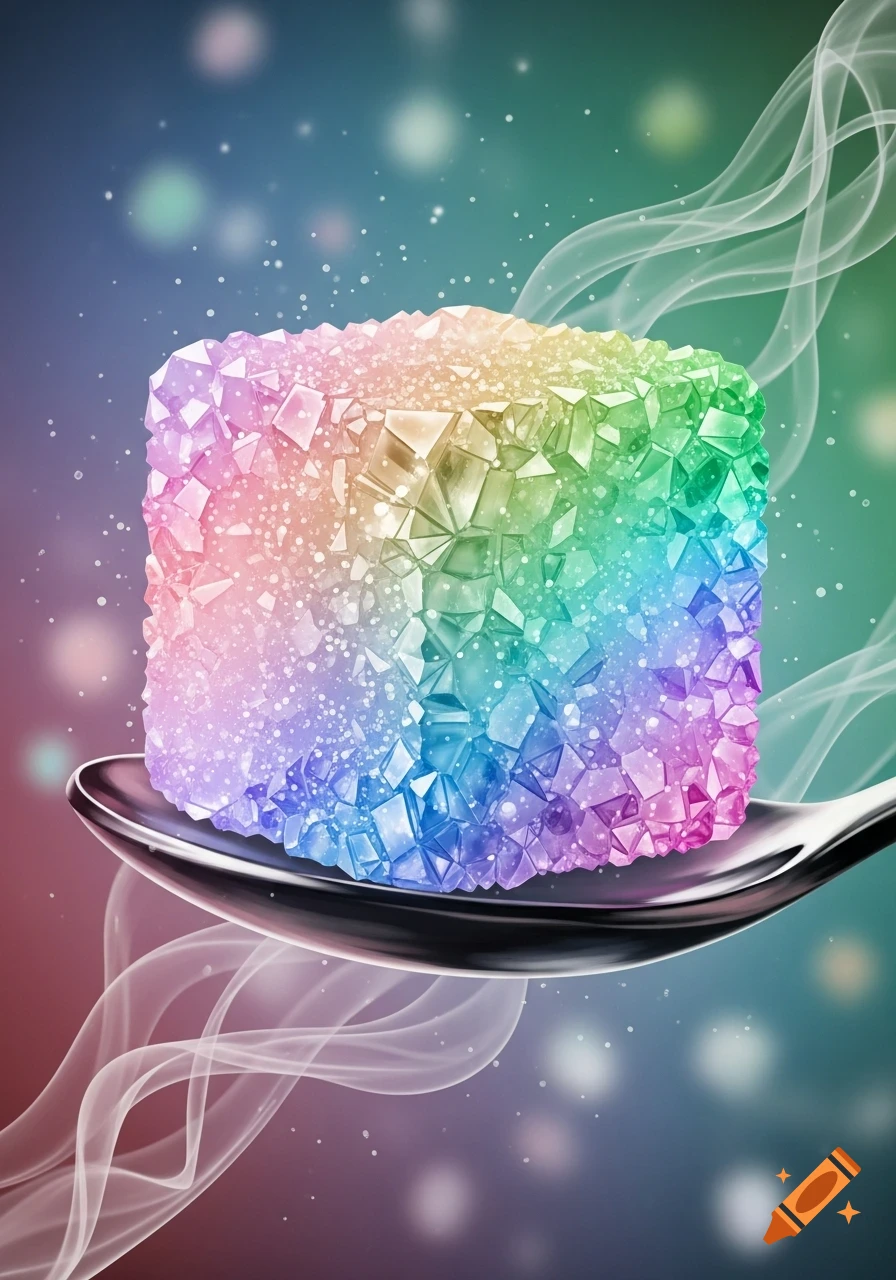 A vibrant rainbow-colored crystalline sugar cube rests on a silver spoon, against a bokeh background with wisps of smoke.