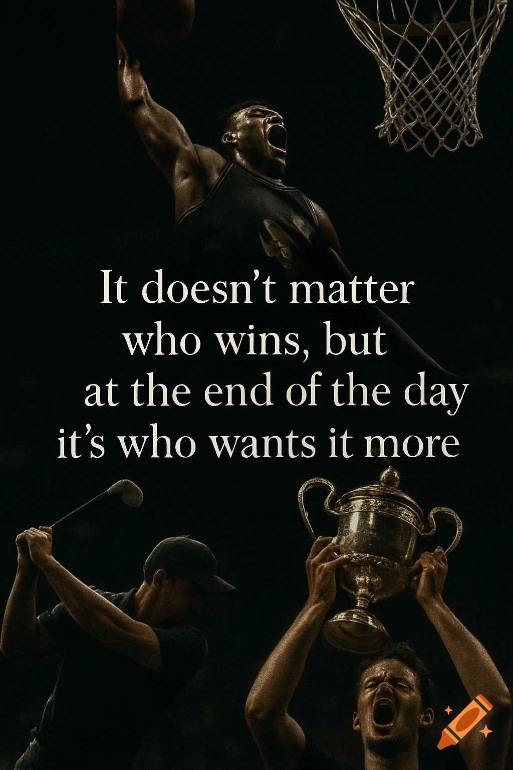 A dynamic image featuring a basketball player dunking, a golfer swinging, and a person holding a trophy, with a motivational quote.
