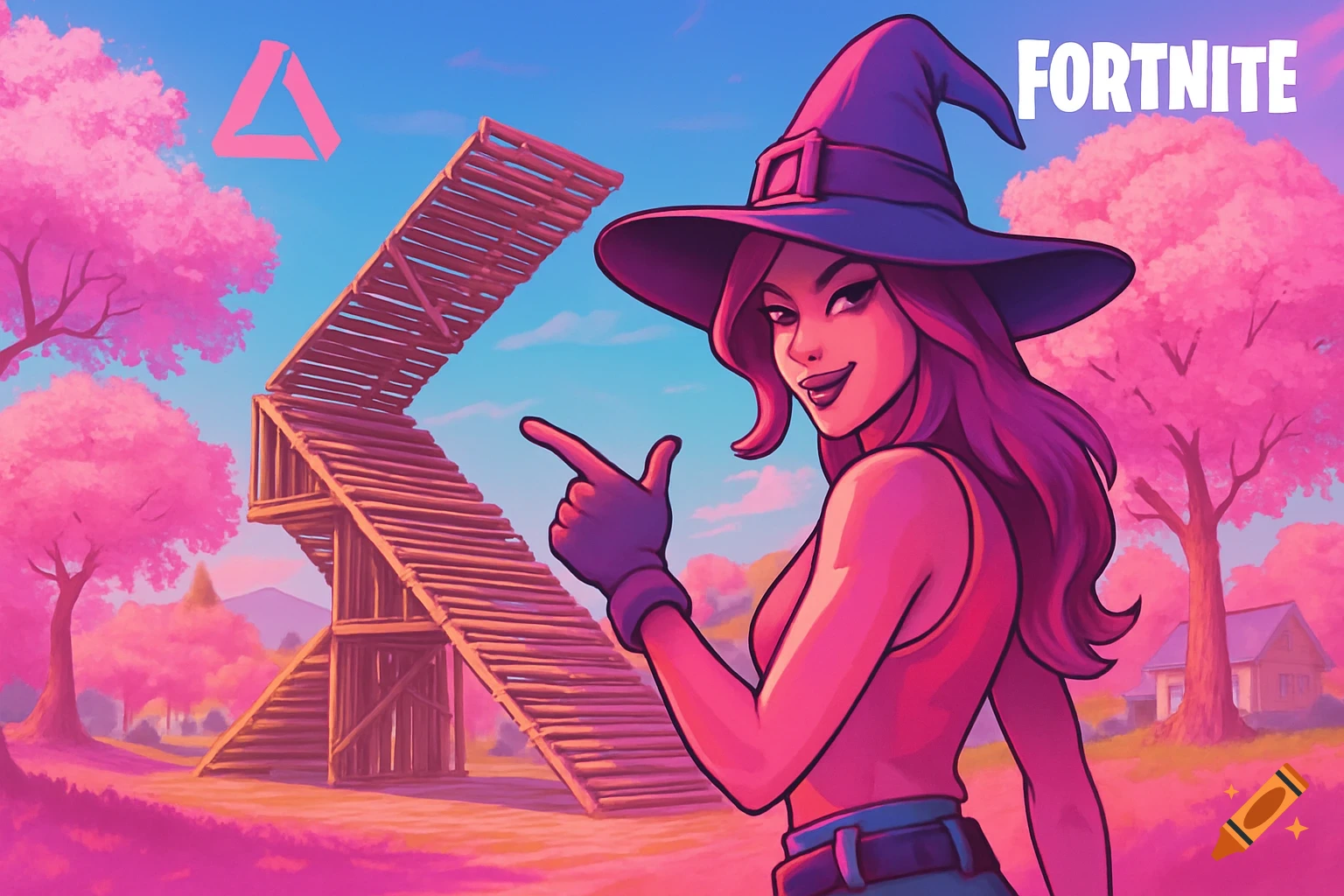 Cartoon witch points in a vibrant pink Fortnite landscape with build-fight stairs, cherry blossoms, and a Delta logo.