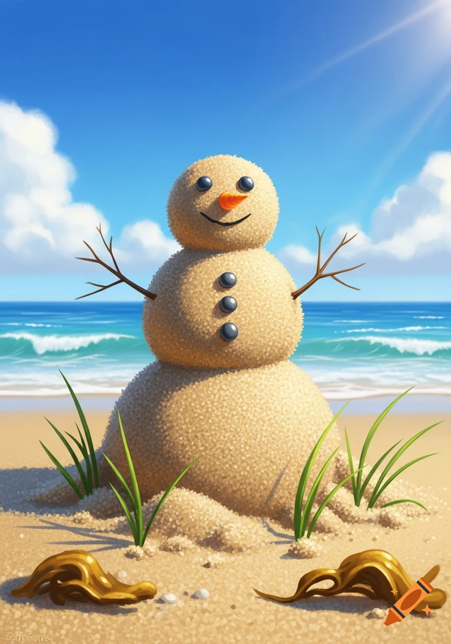 A cheerful sand snowman stands on a sunny beach with ocean waves in the background and green grass.