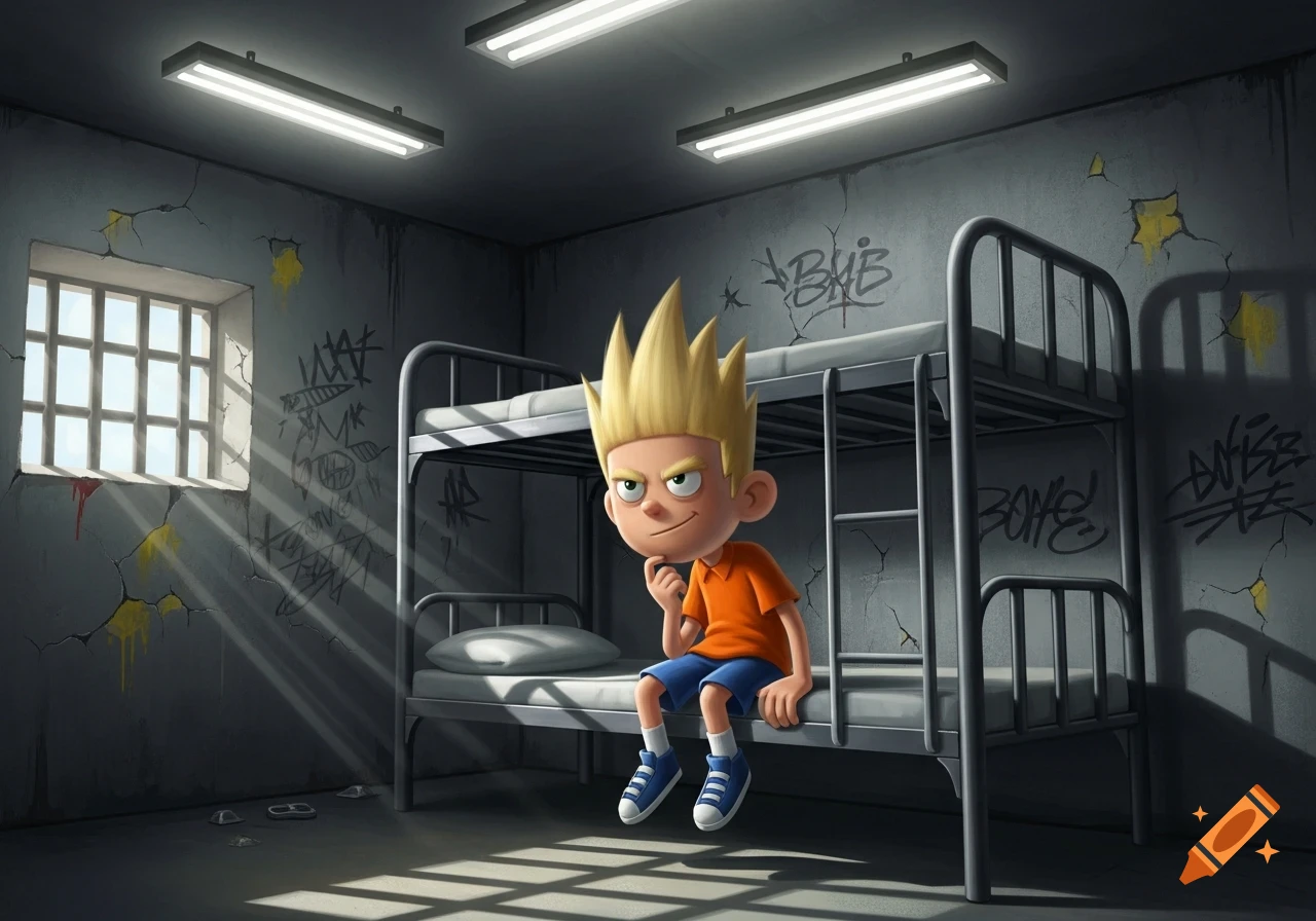 A mischievous-looking cartoon boy with spiky blonde hair, wearing an orange shirt and blue shorts, sits on the lower bunk of a metal bed in a stylized prison cell with graffiti-covered walls and a barred window.
