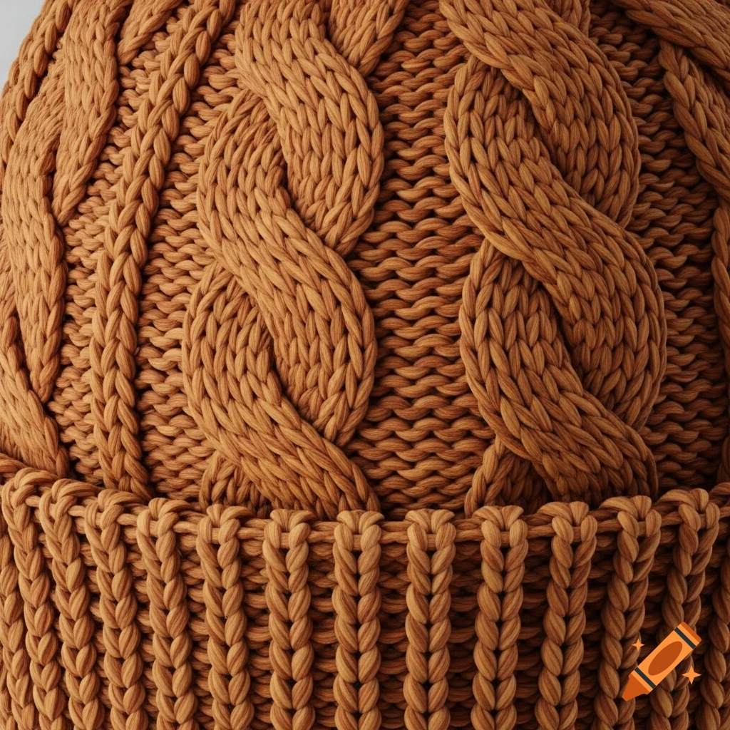 Close-up of a brown knitted fabric with prominent cable knit patterns and ribbed brim.