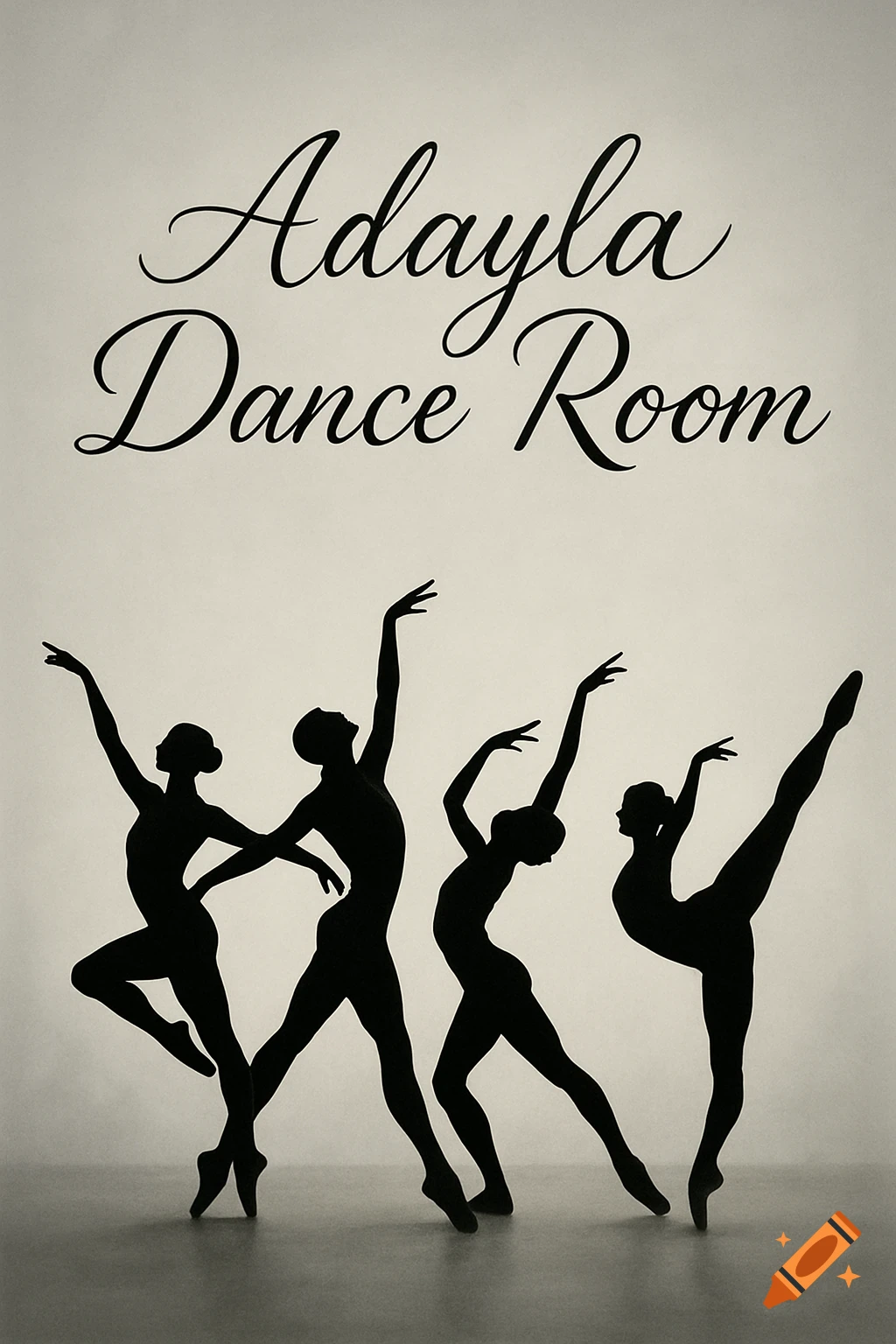 Black silhouettes of four dancers in various ballet poses under the text 'Adayla Dance Room' on a light background.