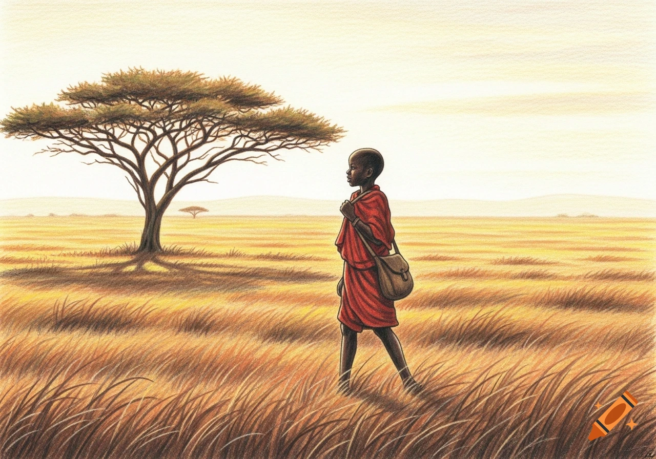 A colored pencil illustration of a young boy in a red garment walking across a golden savanna with a large acacia tree.