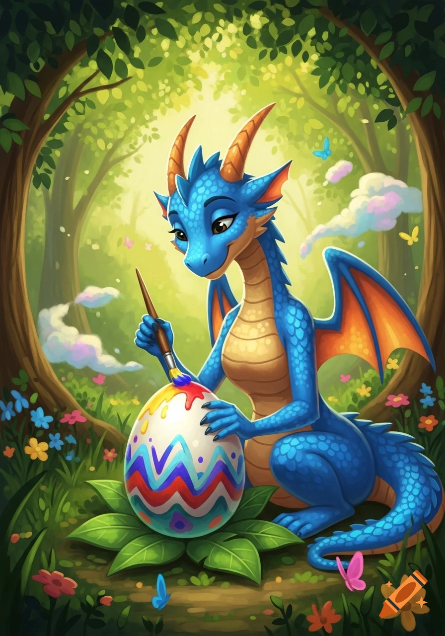 A cheerful blue cartoon dragon paints a colorful Easter egg amidst a lush green forest with flowers and butterflies.