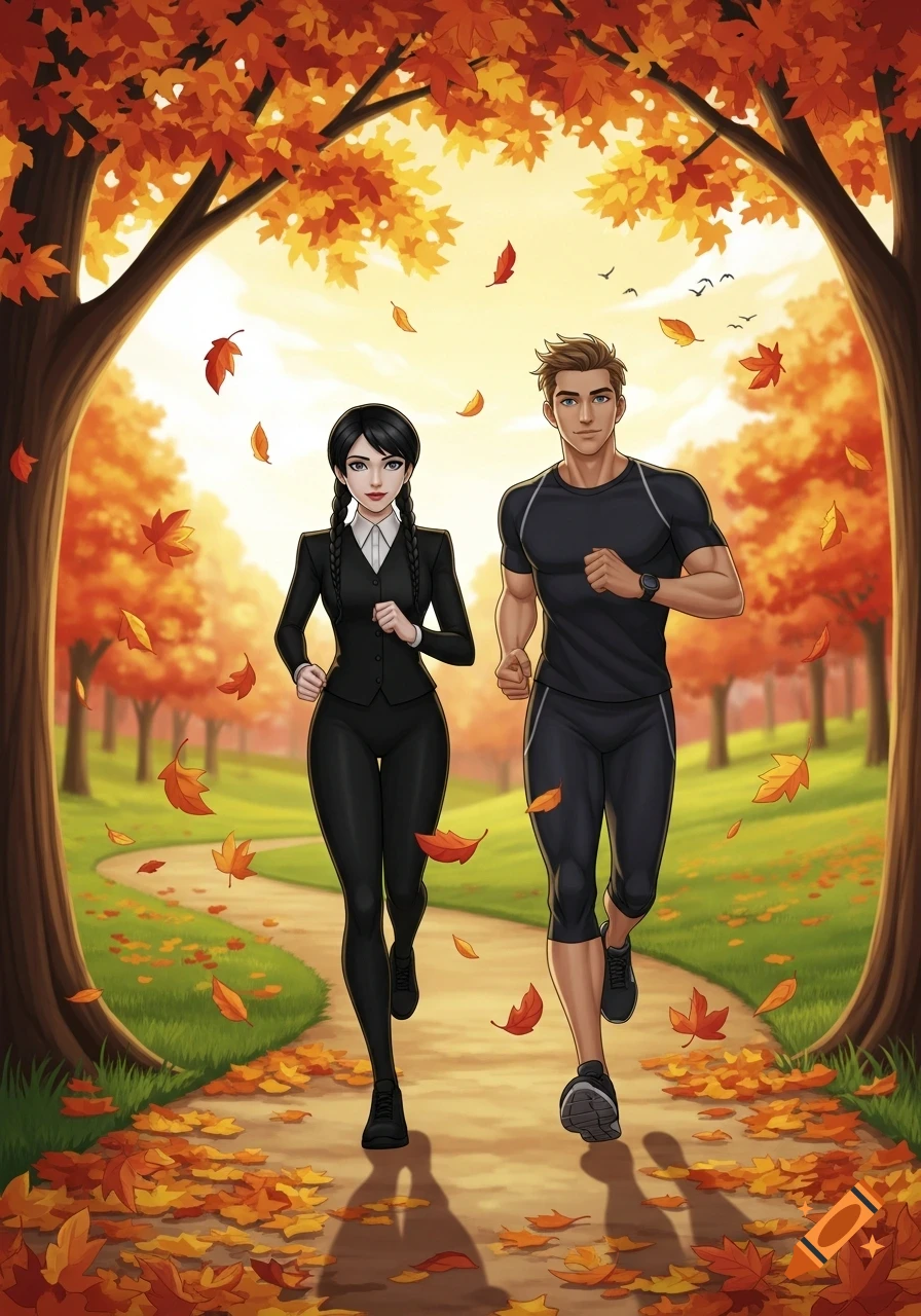 A woman resembling Wednesday Addams with braided pigtails and a man in sportswear run on a leaf-strewn path in an autumn park.