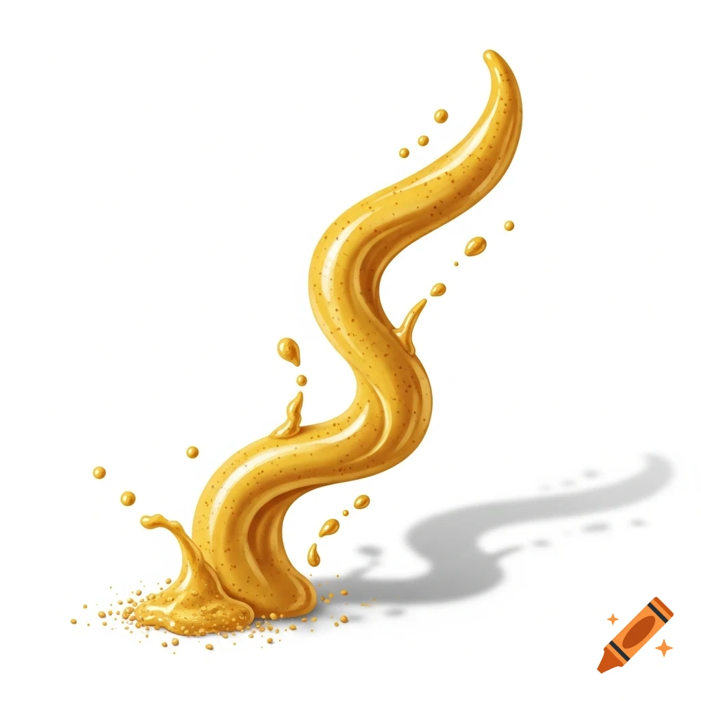 A dynamic swirl of yellow mustard, speckled with seeds, splashes onto a white background with droplets and a cast shadow.