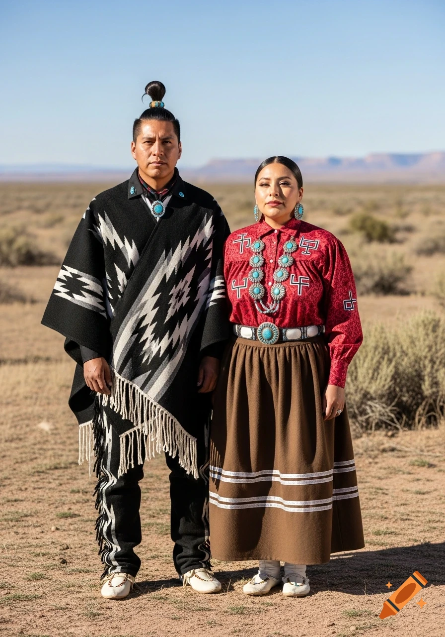 A Native American man and woman in traditional Navajo clothing stand side by side in a desert landscape under a clear blue sky.