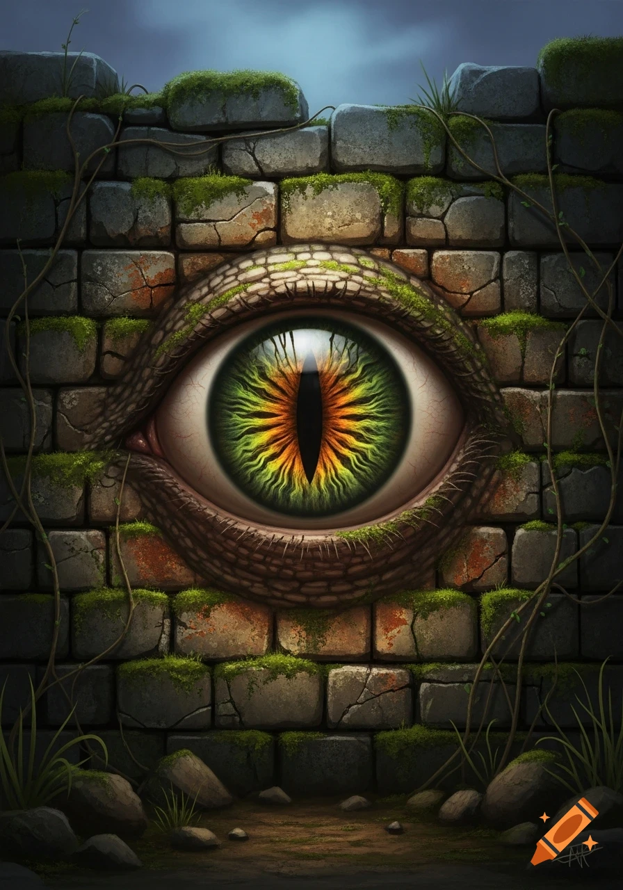 A large, green and orange reptilian eye emerges from a mossy stone wall, surrounded by vines, in a fantasy art style.
