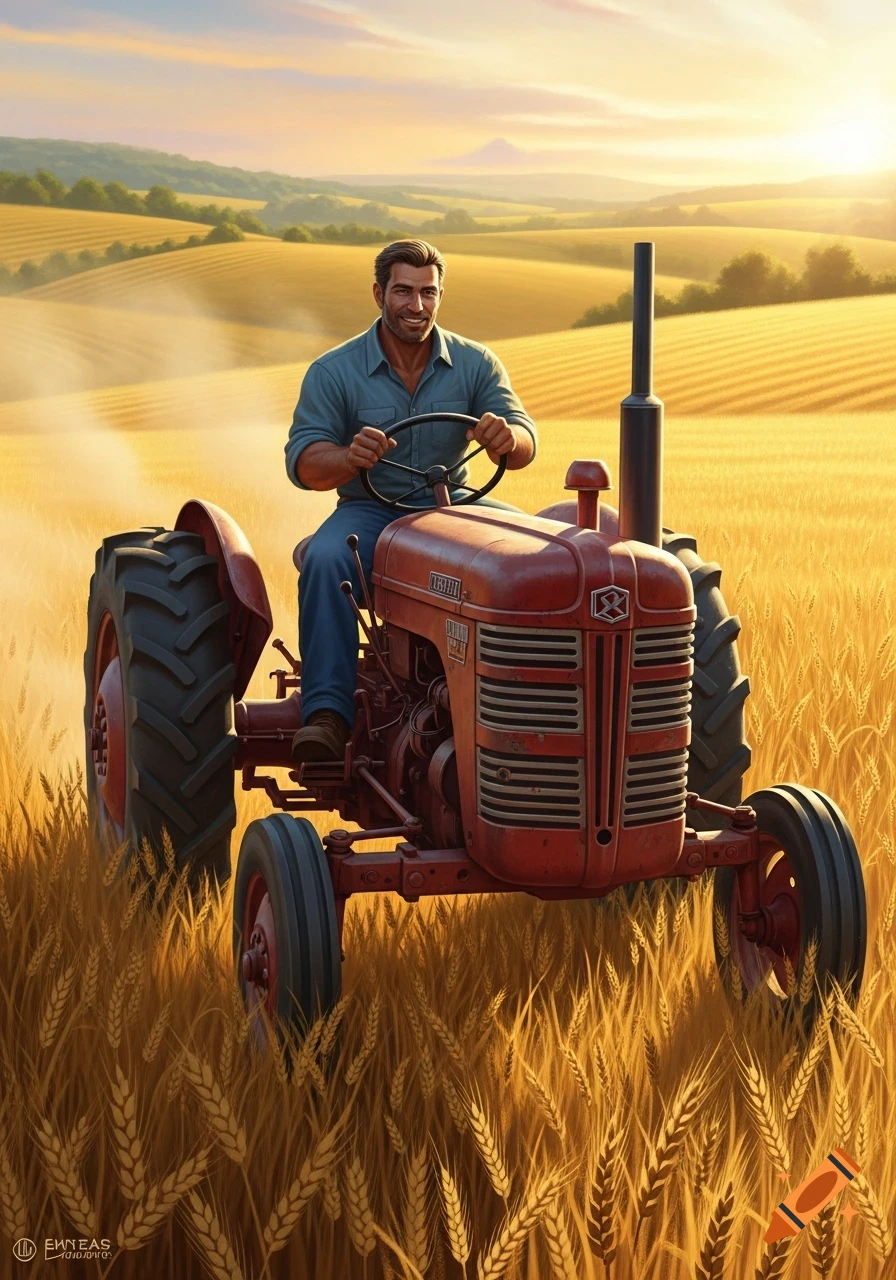A smiling man drives a red tractor through a golden wheat field at sunset, with rolling hills in the background.