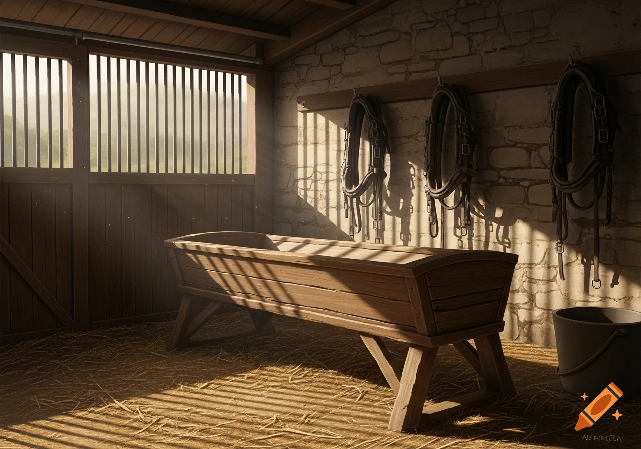 A photorealistic image of an empty stable interior with a wooden manger, horse tack hanging on a stone wall, and sunlight streaming through a barred window.