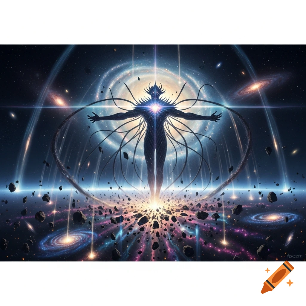 A dark, glowing cosmic entity with outstretched arms stands amidst swirling galaxies, stars, and asteroids in deep space, digital art.