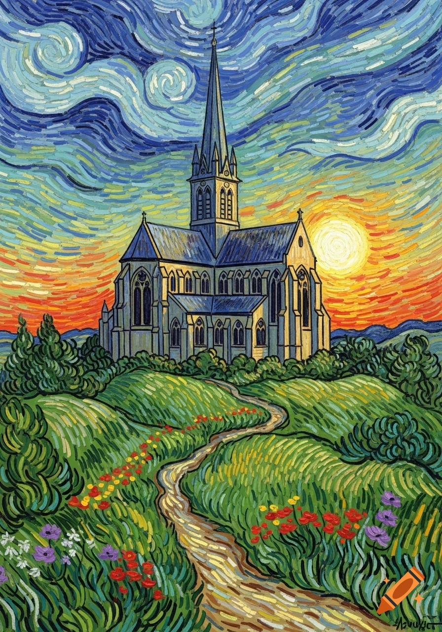 A church with a tall spire on a green hill, path leading up, vibrant sunset, starry night sky in Van Gogh's impressionistic style.