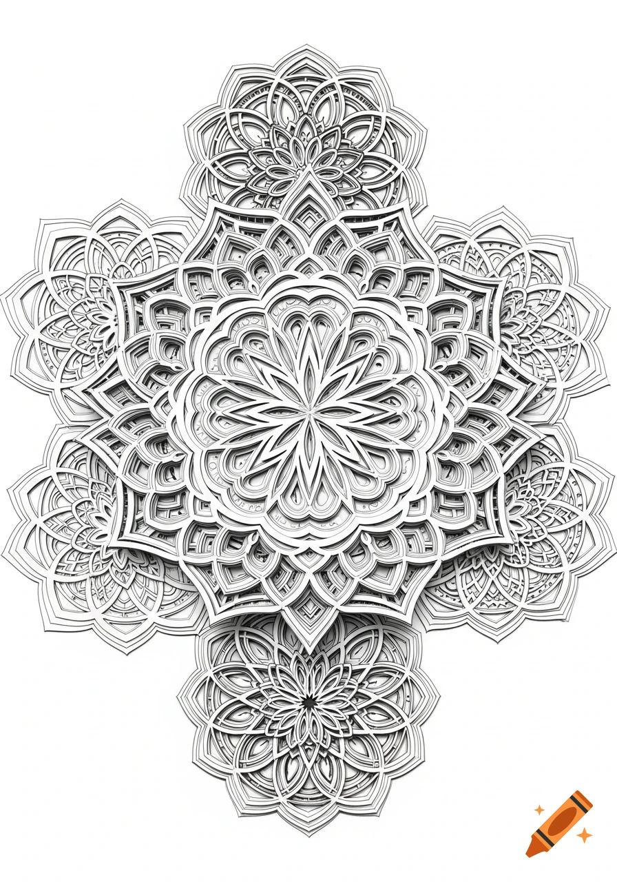 A highly detailed, intricate 3D layered mandala design in black and white, featuring a central floral pattern surrounded by symmetrical layers.